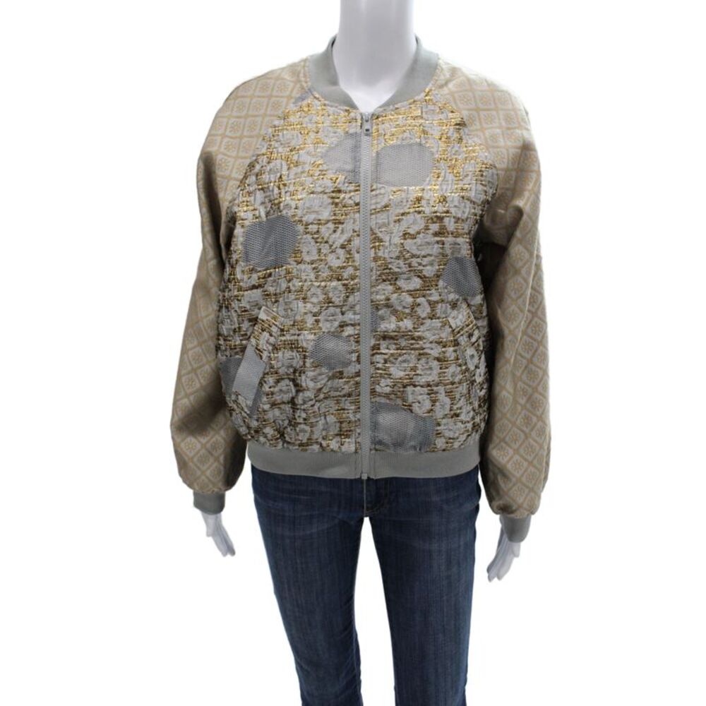 Summum Women Bomber Jacket Beige Argyle Zip Long Sleeve Size 34